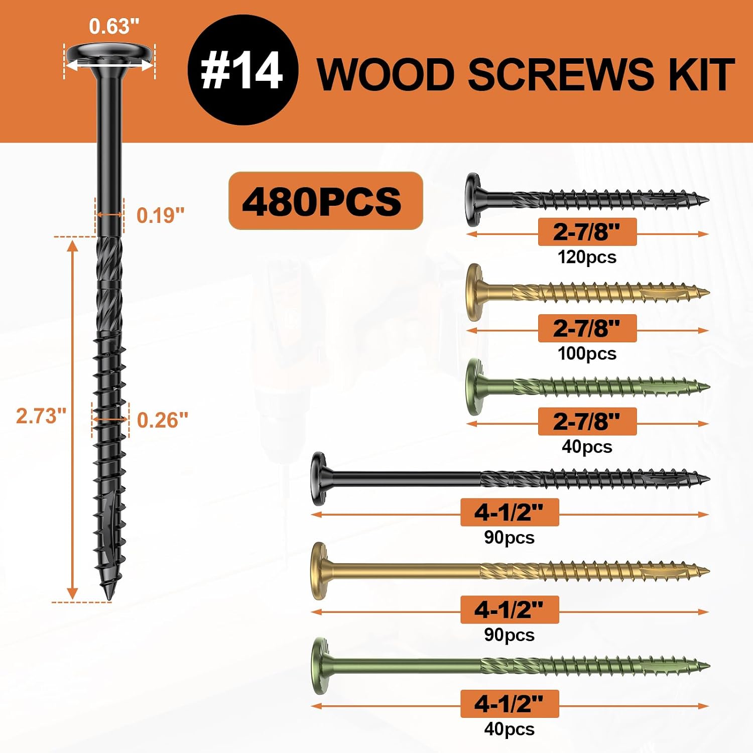 #14 Heavy-Duty Wood Screws Assortment Kit, 480Pcs Star Drive Decking Wood Screws, Rust Resistant Timber Screws for Log/Landscaping Wood (2-7/8',4-1/2') Black, Tan, Green