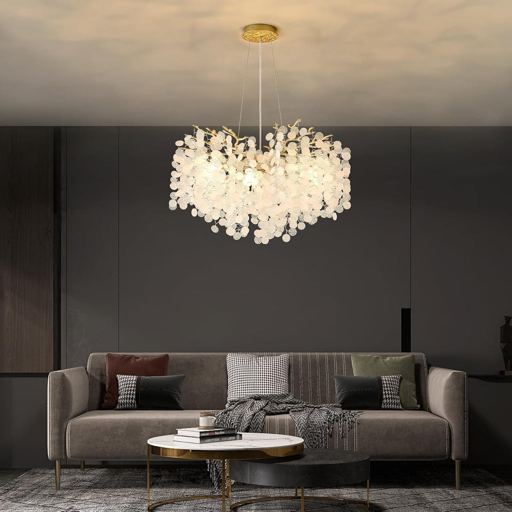 24-Inch Capiz Shell Chandelier, 8-Light Gold Coastal Chandelier, Modern Crystal Tree Branch Chandeliers, Boho Light Fixture for Bedroom, Living Room, Foyer, Entryway, Stairwell
