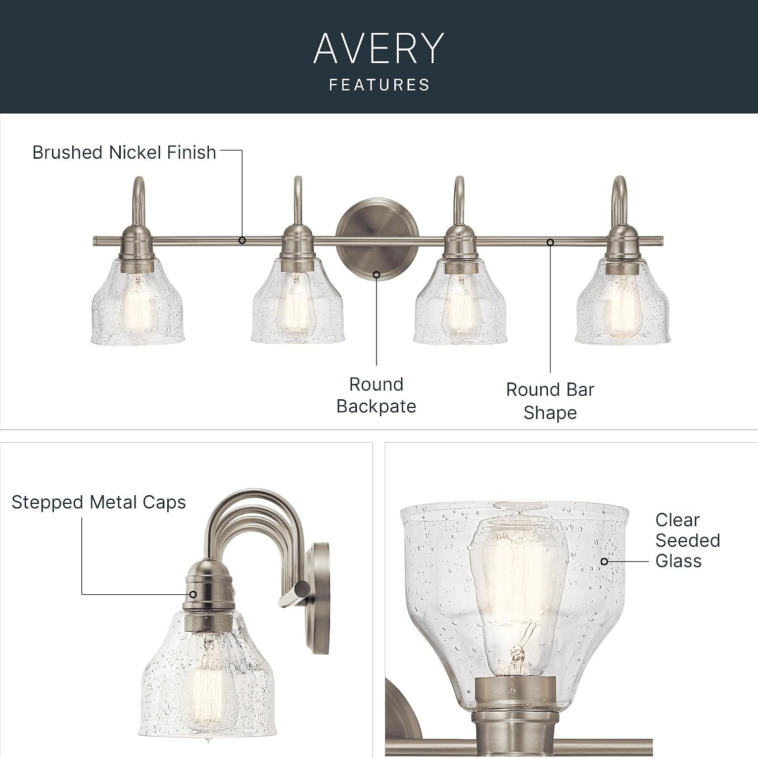Kichler Avery 33.25' 4 Light Bathroom Vanity Light in Brushed Nickel, Vintage Bathroom Wall Mount Fixture with Clear Seeded Glass, (33.25' W x 9.25' H), 45974NI