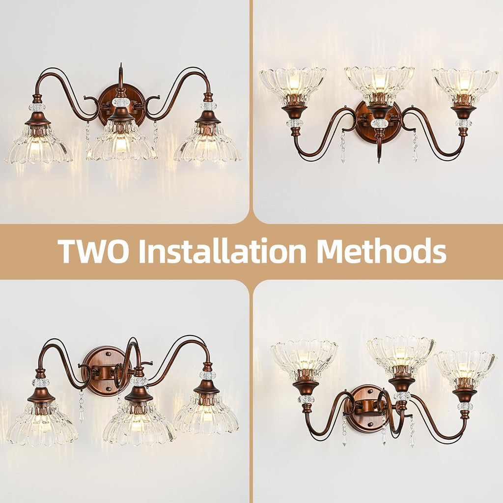 Vintage Bathroom Vanity Light, 3-Light Matte Antique Red Bronze Finish Wall Sconce with Hanging Crystal Accent and Flower-Shaped Clear Glass Shades, Retro Wall Mount Vanity Light Over Mirror