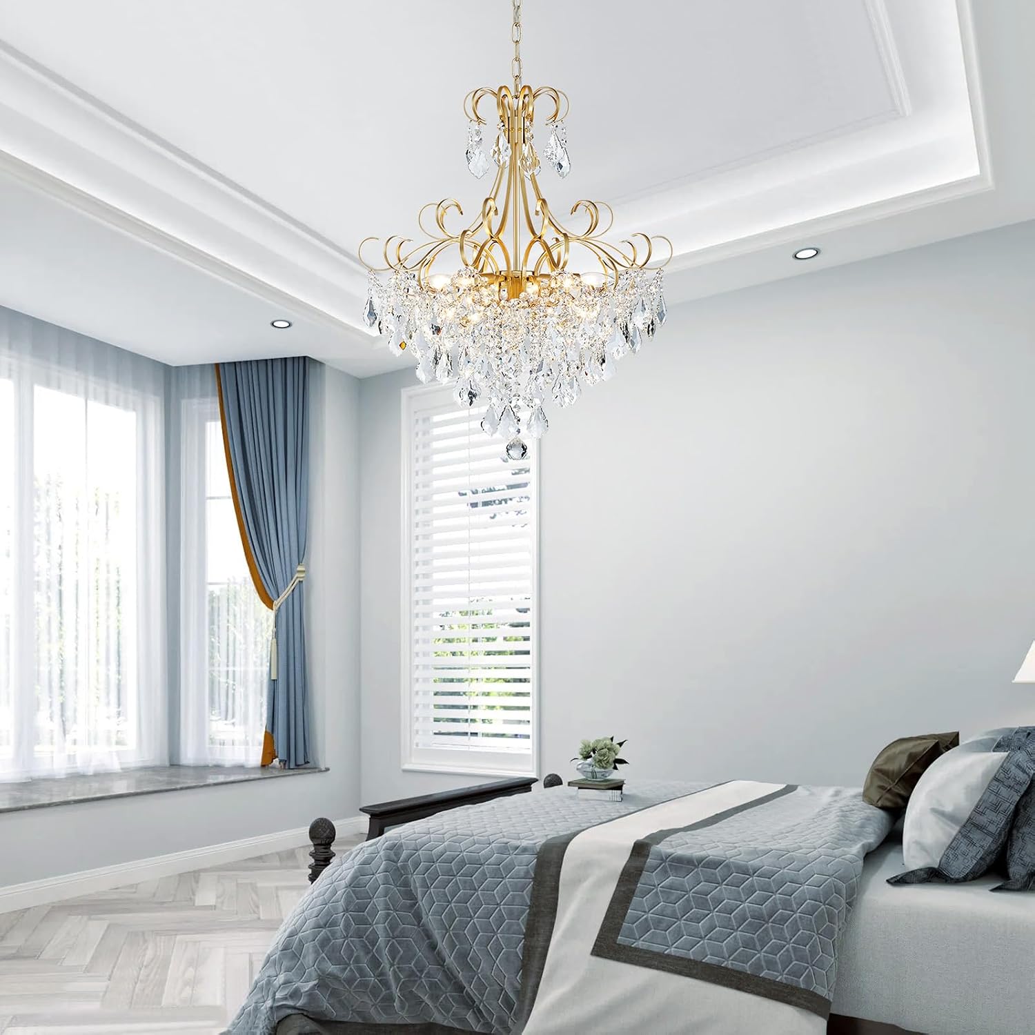 WUZUPS Crystal Chandelier 10-Light Pendant Ceiling Light Modern Lighting Fixture for Dining Room Hallway Bedroom Kitchen Bathroom, H 27.6' x W 22.8', E12 Base, Gold