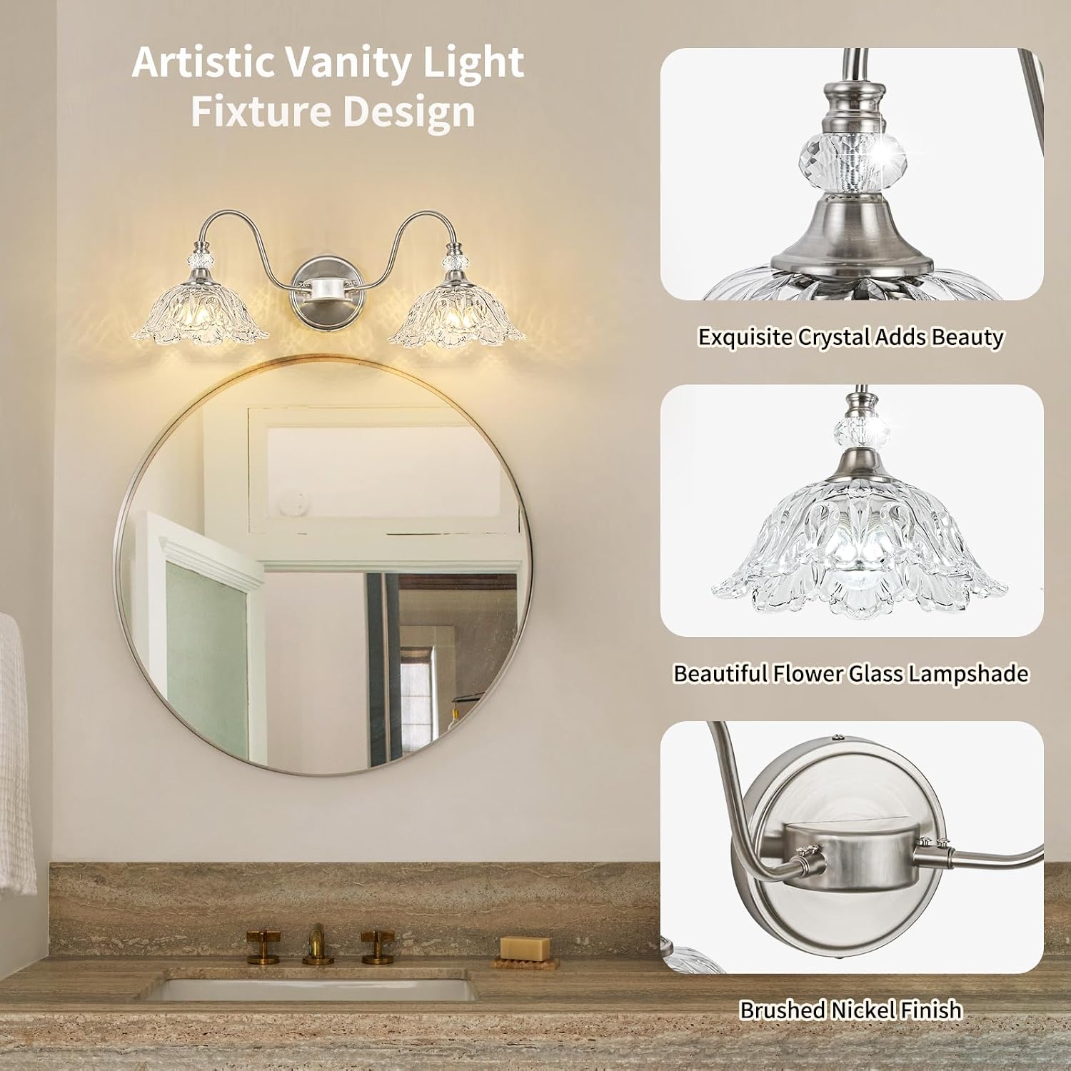 Brushed Nickel Bathroom Vanity Light, 2-Light Vanity Light with Floral Clear Glass Shades, Nickel Wall Mount Lighting for Bathroom, Dressing Table