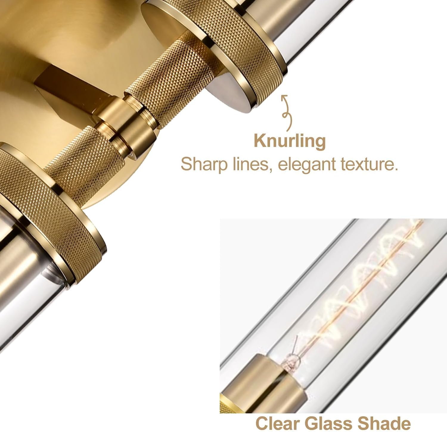 2-Pack Bathroom Vanity Light Fixtures – Modern 2-Light Gold Wall Sconces with Knurled Texture, Clear Glass Shades, Horizontal or Vertical Hardwired Mount, Bathroom Lighting Fixtures Over Mirror