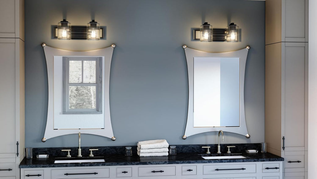 Quoizel Lansdowne Modern Bath Vanity Lights,18.25 Inch 2-Light Matte Black Lighting Fixtures Over Mirror, Clear Glass Shade, 100W, Decorative Wall Light for Bathroom, Dresser, Kitchen or Hallway