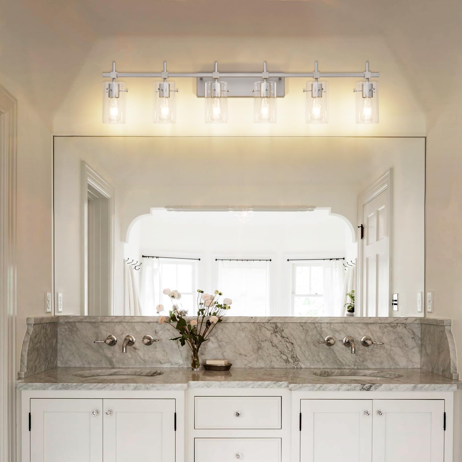 SOLFART 49.2 inch 6 Lights Vanity Light fixtures for Bathroom Vintage Bathroom Light Fixture Brushed Nickel Light Fixtures Above Mirror with Glass Shade (Exclude Bulb)