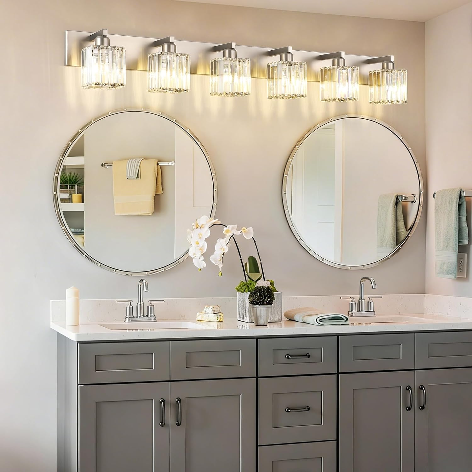 Aipsun Brushed Nickel Bathroom Light Fixtures 6 Light Vanity Lighting Fixture Crystal Modern Bathroom Vanity Light (Exclude Bulb)