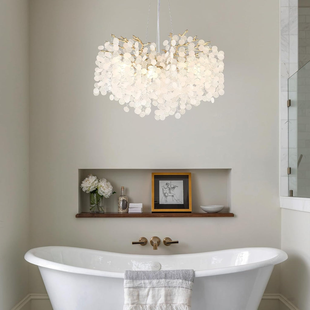 24-Inch Capiz Shell Chandelier, 8-Light Gold Coastal Chandelier, Modern Crystal Tree Branch Chandeliers, Boho Light Fixture for Bedroom, Living Room, Foyer, Entryway, Stairwell