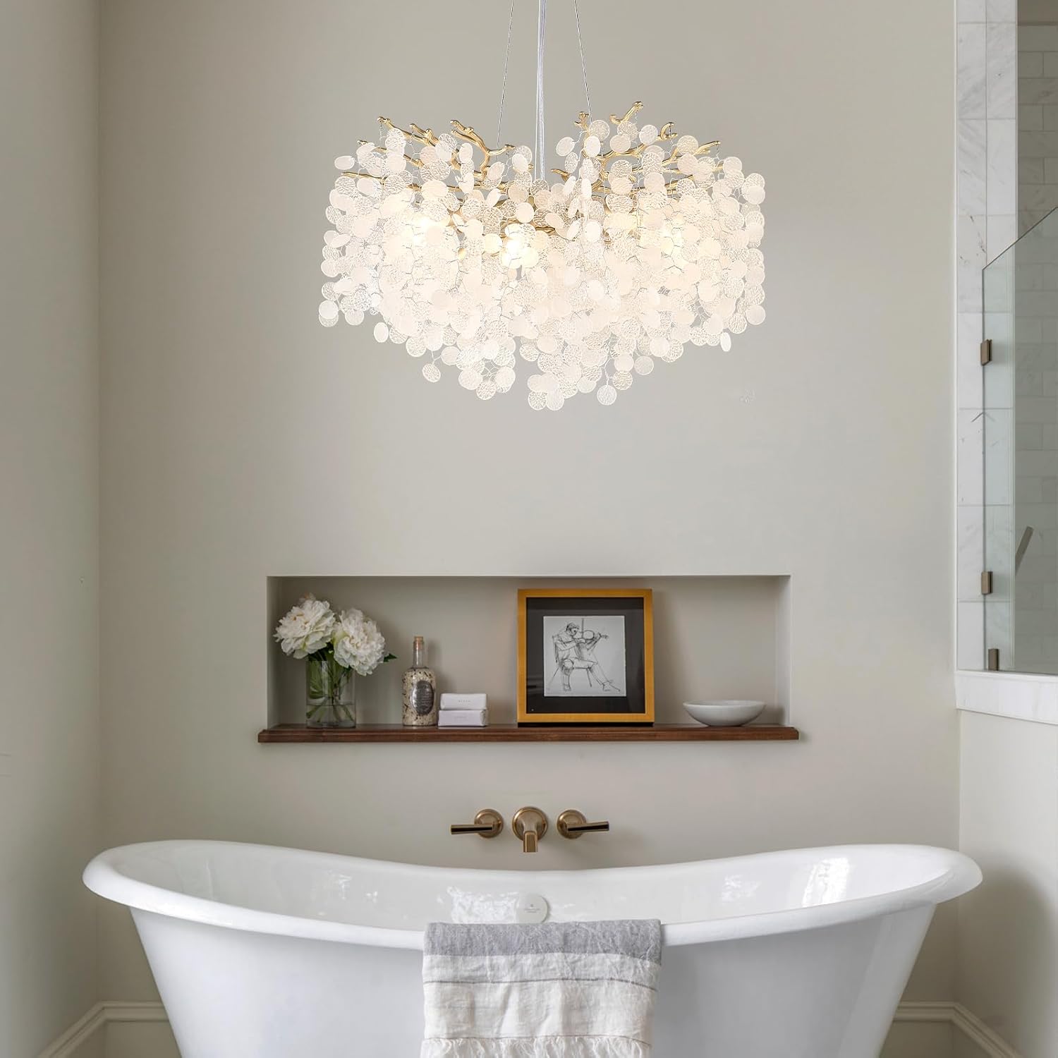 24-Inch Capiz Shell Chandelier, 8-Light Gold Coastal Chandelier, Modern Crystal Tree Branch Chandeliers, Boho Light Fixture for Bedroom, Living Room, Foyer, Entryway, Stairwell