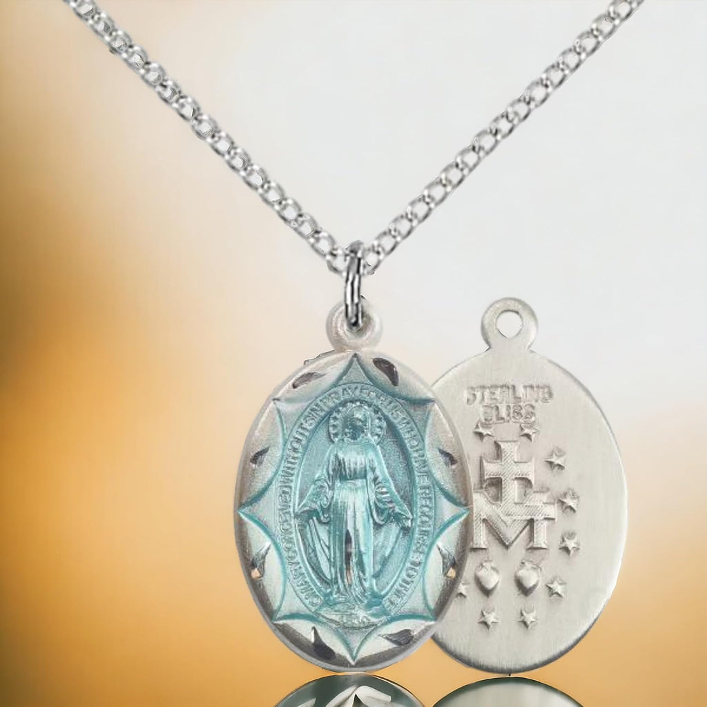 Heartland Store Women's Oval Blue Enamel Miraculous Medal Necklace - 18' Sterling Silver Chain - Elegant Religious Jewelry for Faith and Devotion - USA Made