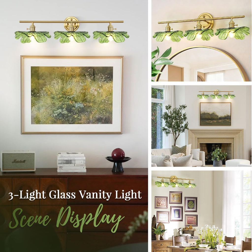 3 Light Bathroom Lighting fixtures Over Mirror, Gold brass Wall Sconce Vintage Bathroom Vanity Light Green Glass Wall Sconce mid Century Modern Wall lamp Art Deco Vanity Lights for Living Room Bedroom