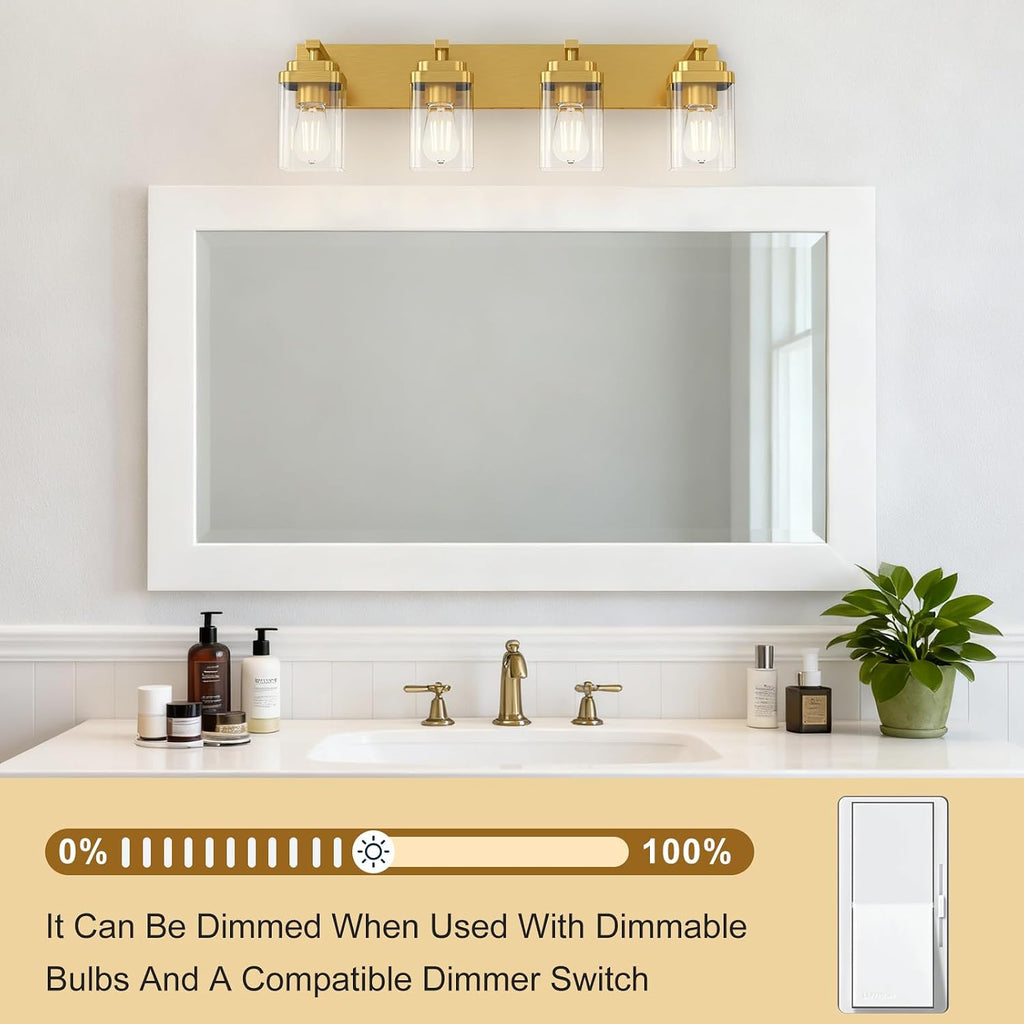 Brushed Gold Bathroom Light Fixtures, 4 Lights Bathroom Lighting Fixtures Over Mirror, Square Design & Rectangle Large Backplate, Modern Vanity Lighting Fixtures, for Living Room/Bedroom