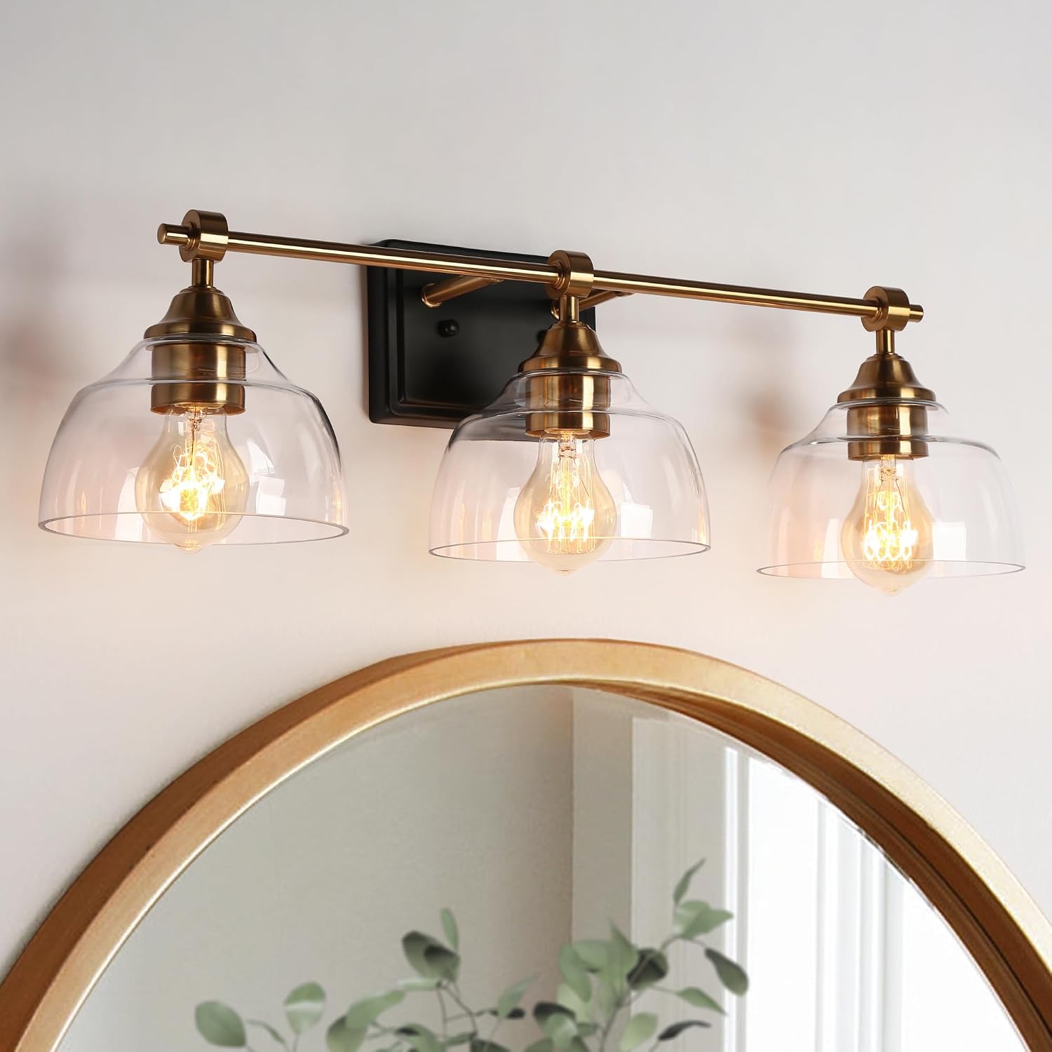 Bathroom Light Fixtures, 3-Light Black and Gold Vanity Lights with Large Clear Dome Glass Shade, 24.5'' Modern Black Brass Bathroom Lighting Over Mirror