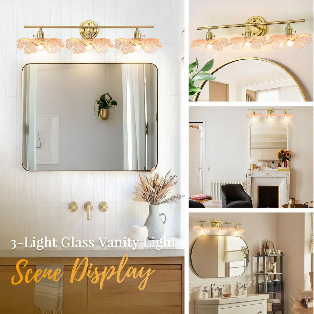 3 Light Bathroom Vanity Lighting, Gold Brass Wall Mount Light with Amber Flower Petal Glass Shade, Mid Century Vanity Lights Over Mirror for Living Room Hallway