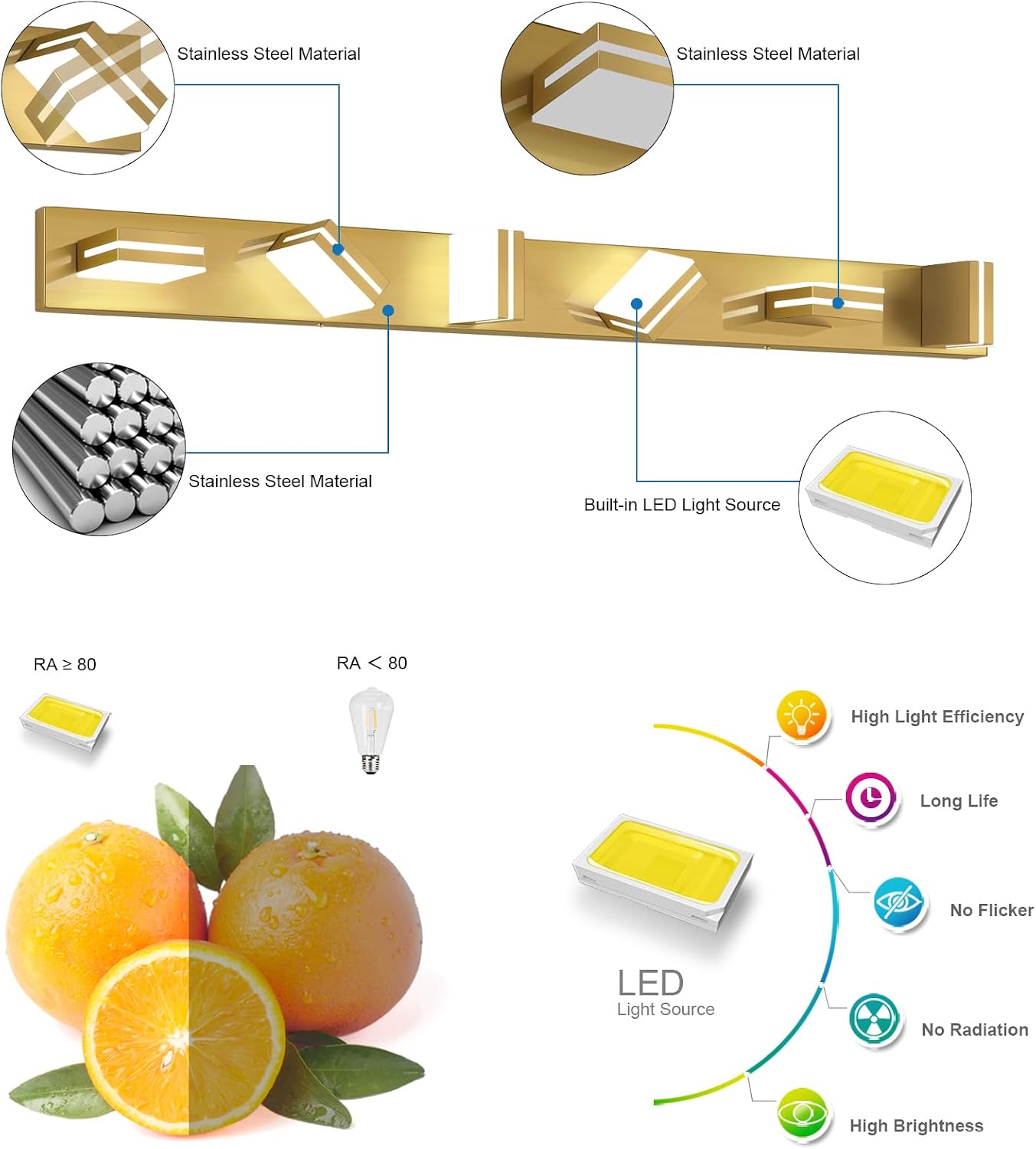 SineRise LED Modern Bathroom Vanity Light Fixtures (6-Light, 48-Inch, Dimmable), Brass Modern Acrylic Bathroom Wall Lighting Fixtures Over Mirror (Cool White 6000K)