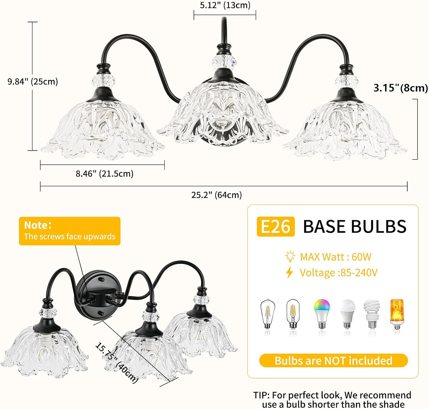 Black Bathroom Vanity Light,3-Light Vanity Light with Crystal Glass Shades,Vintage Farmhouse Vanity Lighting for Bathroom and Dressing Table