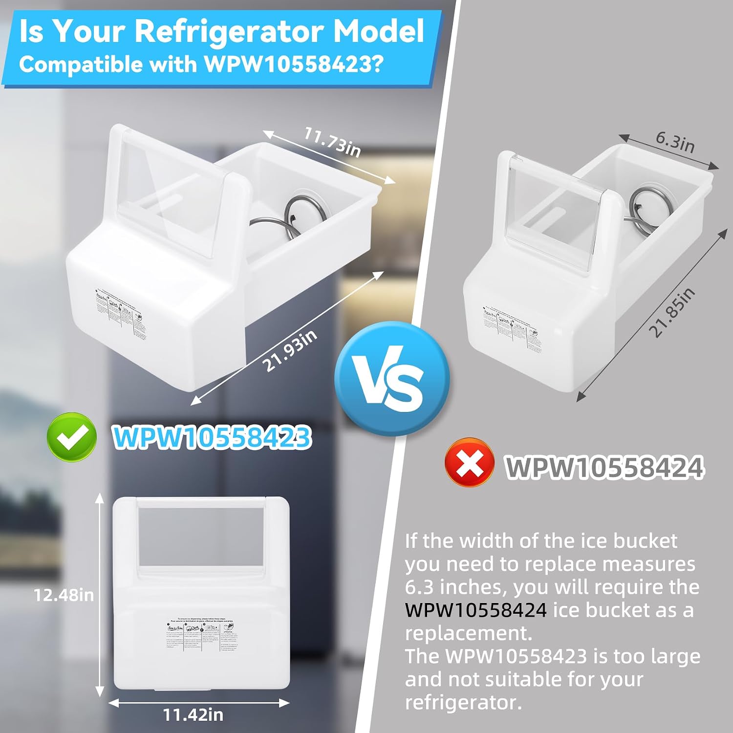 Upgraded WPW10558423 Ice Container (Ice Bin) Compatible with Whirlpool, Kenmore, Maytag, Amana, and IKEA refrigerators