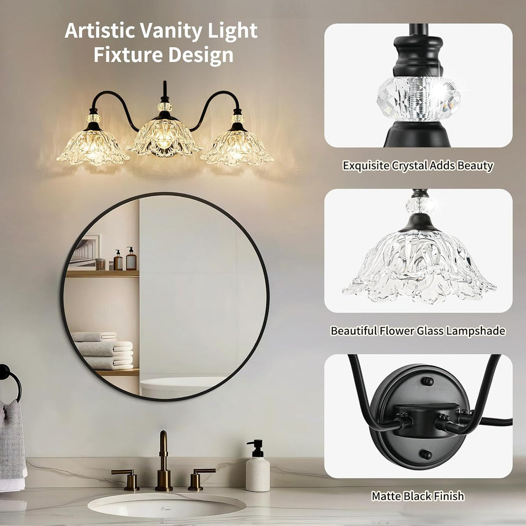 Black Bathroom Vanity Light,3-Light Vanity Light with Crystal Glass Shades,Vintage Farmhouse Vanity Lighting for Bathroom and Dressing Table
