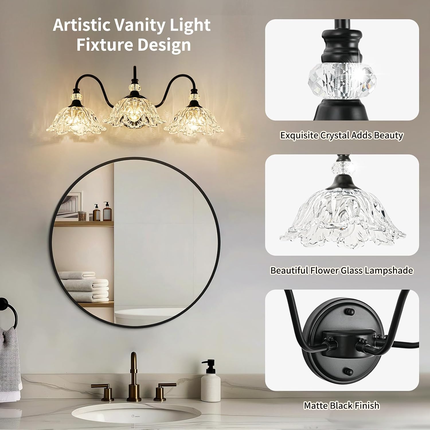 Black Bathroom Vanity Light,3-Light Vanity Light with Crystal Glass Shades,Vintage Farmhouse Vanity Lighting for Bathroom and Dressing Table