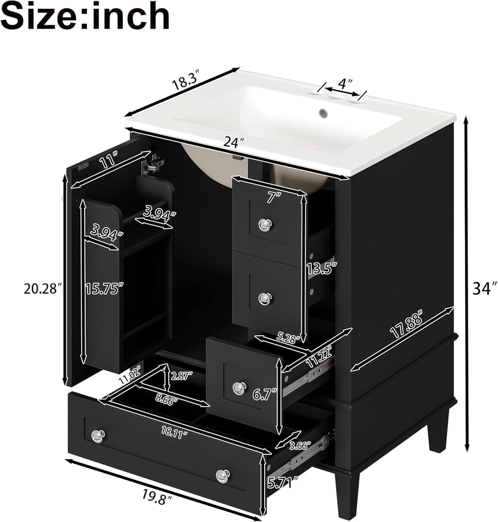 Bellemave 24' Bathroom Vanity with Sink Combo Set, Solid Wood Frame Bathroom Storage Cabinet with 3 Drawers, Soft Closing Cabinet Door with Organizer, Black