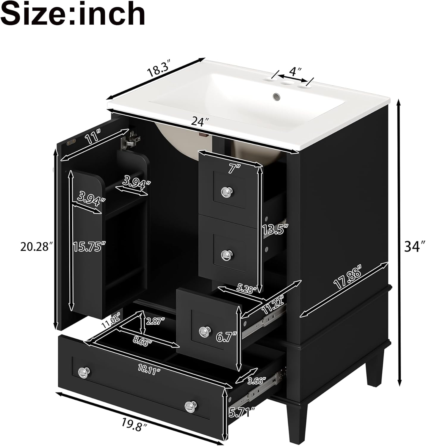 Bellemave 24' Bathroom Vanity with Sink Combo Set, Solid Wood Frame Bathroom Storage Cabinet with 3 Drawers, Soft Closing Cabinet Door with Organizer, Black
