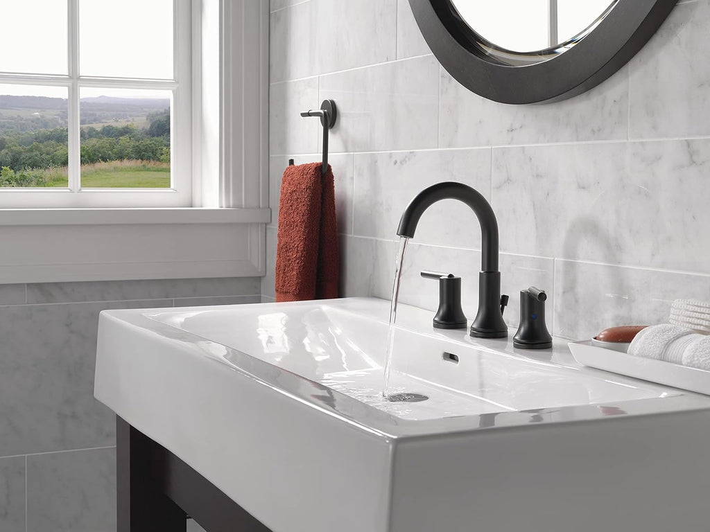 Delta Trinsic Matte Black Bathroom Faucet 3 Hole, 8 Inch Widespread Bathroom Sink Faucet for Vanity, Metal Push-Pop Drain Assembly, Matte Black 3559-BLMPU-DST