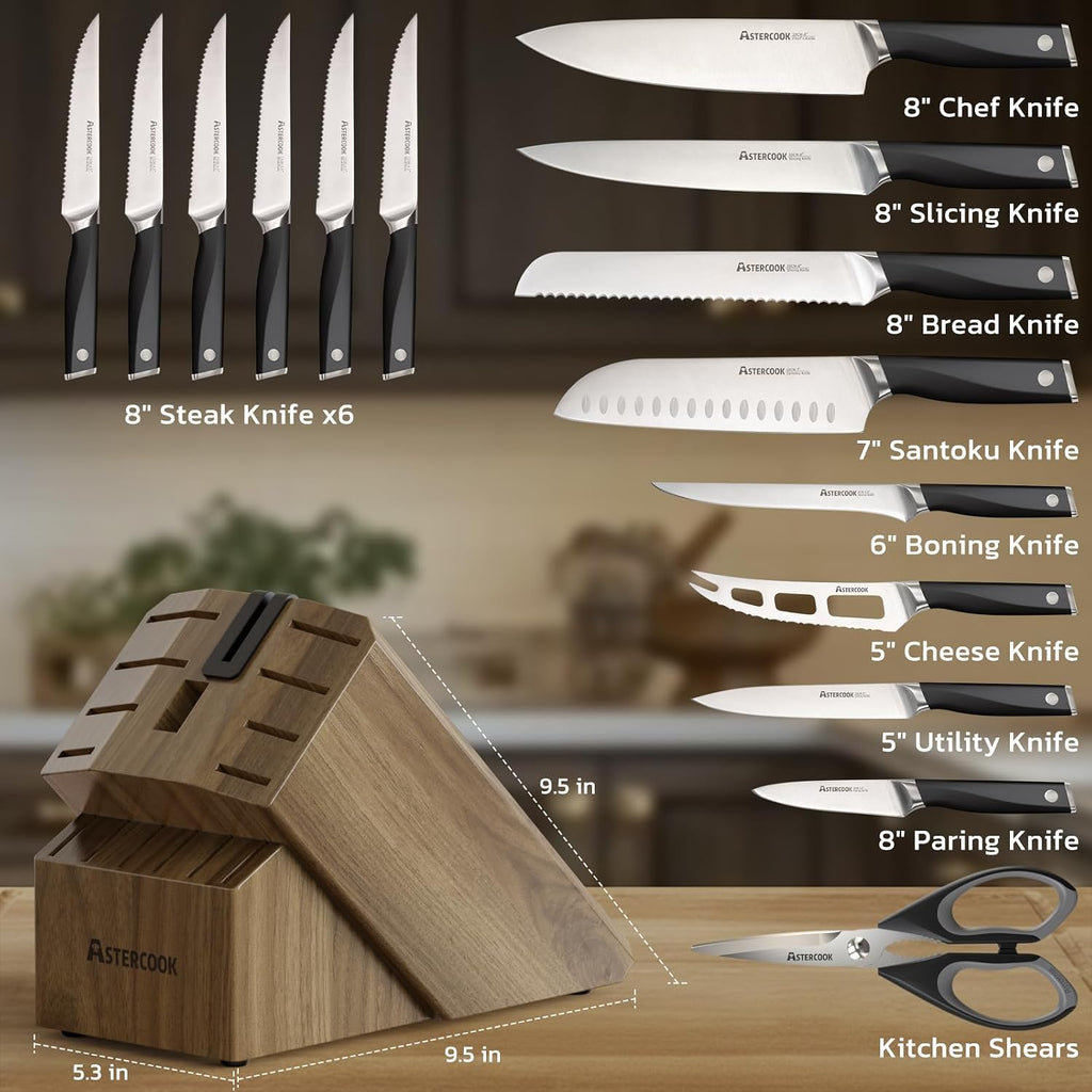 Astercook Knife Set, Kitchen Knives Set with Block and Sharpener Full Tang 17 Pcs German Stainless Steel Knives Sharp Blade Dishwasher Safe Premium Knife Set, Black Father Day Gifts for Men