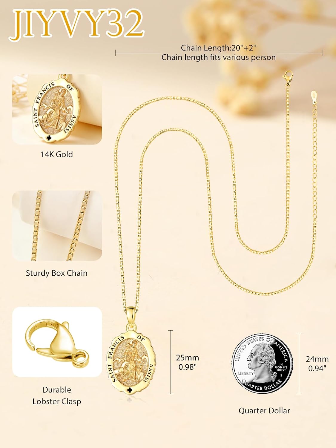 14K Gold Saint Medal Necklace for Women, Catholic Patron Saint Pendant Necklace, Christian Religious Jewelry Gift for Confirmation Baptism Communion Christmas Birthday