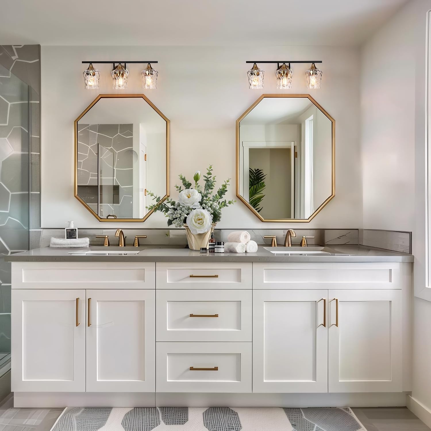 KSANA Black and Brass Vanity Light, Modern Black Gold Bathroom Light Fixtures with Water Textured Glass Shade, 3-Light Bathroom Lighting Over Mirror