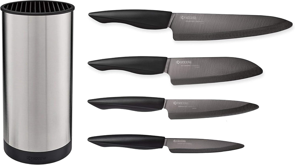 Kyocera 5 piece Ceramic Knife Block Set, Black Patented Blade Sizes: 7', 5.5', 5', 4.5', Stainless