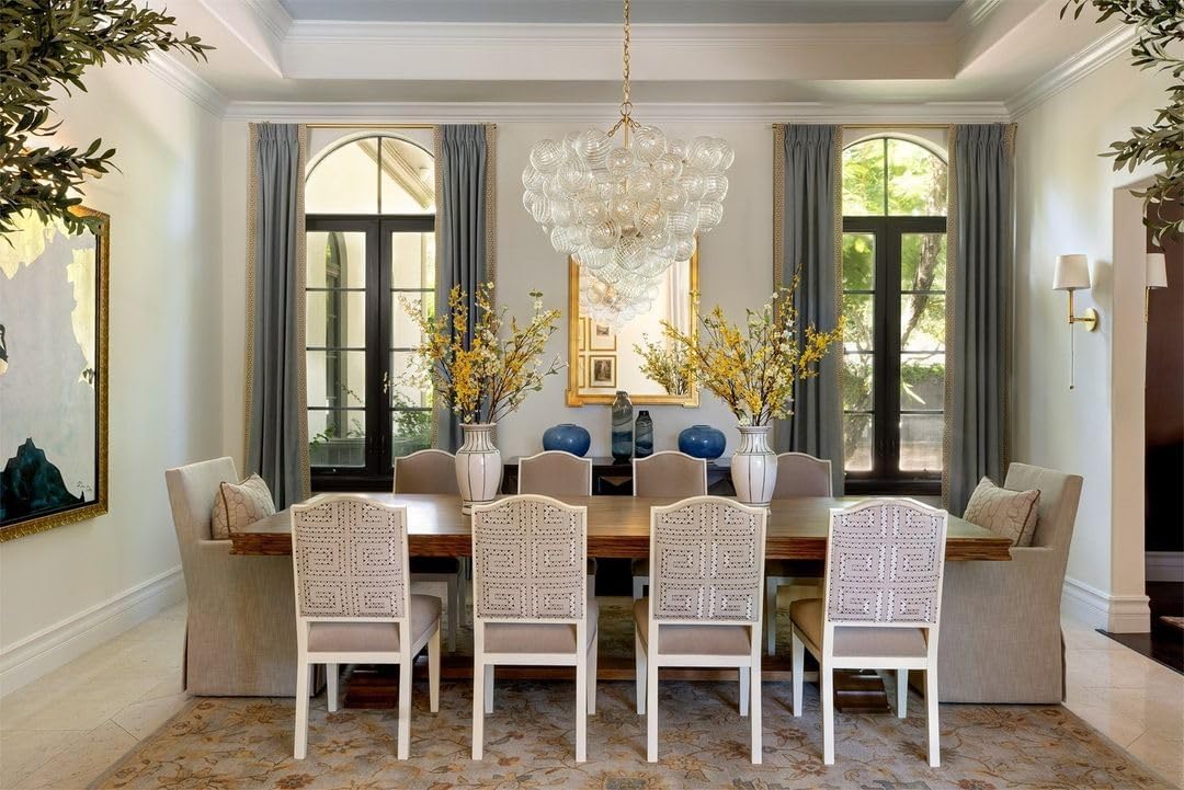 31' Gold 9-Light Bubble Chandelier | Swirled Clear Nordic Glass, Ribbed Glass Globe Pendant, Art Deco Cluster Ball Fixture