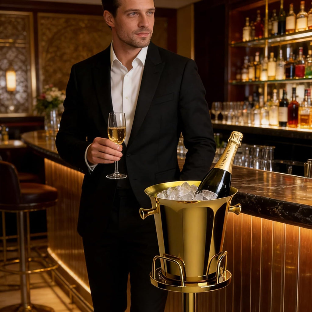 Champagne Bucket with Stand, Wine Bucket Stand with 5L Bucket, Stainless Steel Standing Ice Buckets for Bar, KTV, Hotel, Party, Gathering (Gold, 2 Packs)
