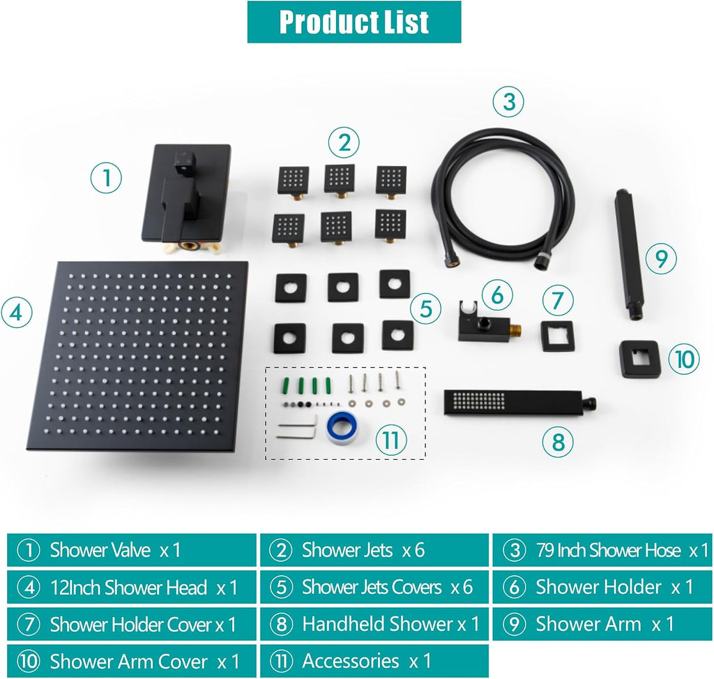 SKOWLL Matte Black Shower Faucet Set, High Pressure Ceiling 12 Inch LED Shower Head with Handheld Bathroom Full Body Shower System Include 6 Body Spray Jet