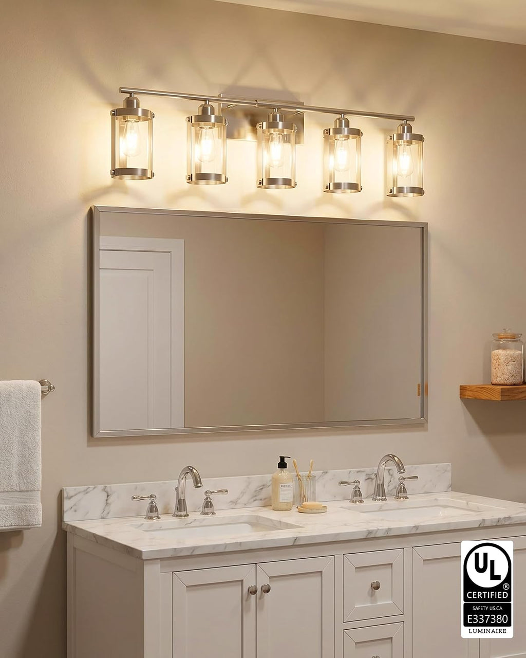 5-Light Brushed Nickel Bathroom Light Fixtures Over Mirror with Clear Glass and Metal Cage Shade, 38' UL-Listed Modern Farmhouse Wall Sconce for Bath, Hardwire E26, OS-3014BN-5W