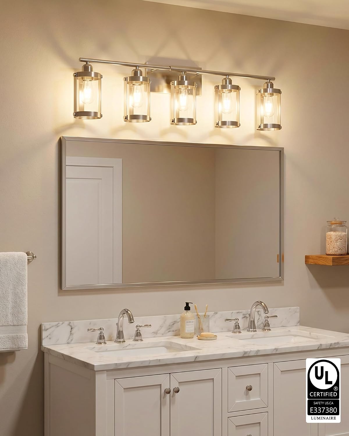 5-Light Brushed Nickel Bathroom Light Fixtures Over Mirror with Clear Glass and Metal Cage Shade, 38' UL-Listed Modern Farmhouse Wall Sconce for Bath, Hardwire E26, OS-3014BN-5W