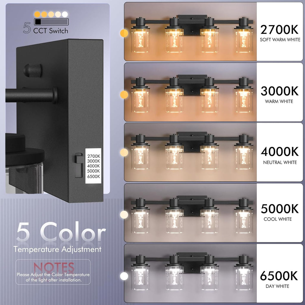 Quntis 4-Light Black Bathroom Light Fixtures with 5 Color Modes, 27 Inch Dimmable Modern Vanity Lighting Fixture Over Mirror, 28 Watts Eye Protection LED Wall Lamp (UL Certified, Bulbs Included)