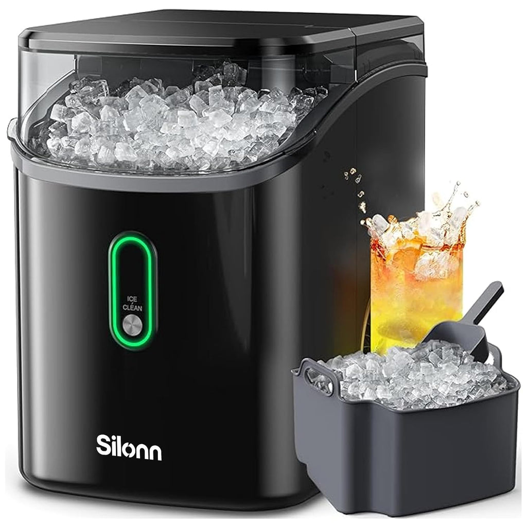 Silonn Nugget Ice Maker Countertop, Pebble Ice Makers with Crushed Soft Chewable Ice, 33lbs Per Day with Scoop, Pellet Portable Ice Machines with Auto-Cleaning for Home, Kitchen, Office, Black