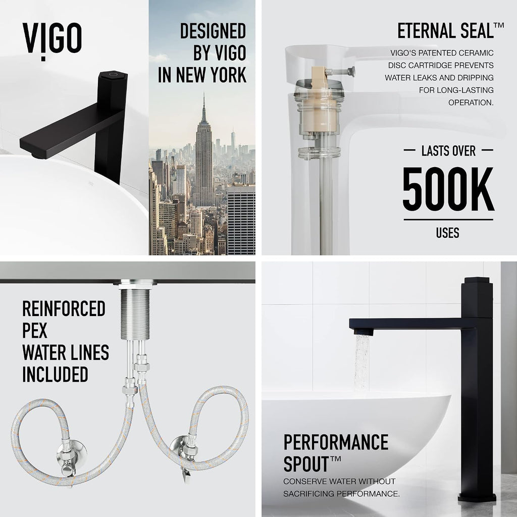 VIGO Nova Single-Handle Single-Hole Mount Vessel Bathroom Sink Faucet, 10-Inch, Matte Black, Modern Design, Solid Brass, 1.2 GPM WaterSense & Ceramic Disc Valve, Corrosion-Resistant