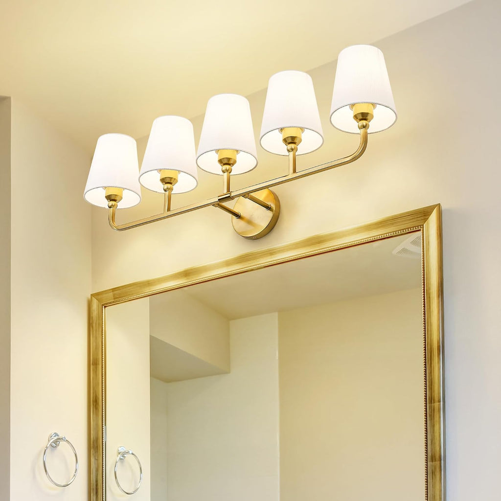 Bathroom Light Fixtures, 5 Light Brushed Gold Vanity Lights with Flared White Fabric Shade, 35 Inch Wall Sconce, Modern Sconces Wall Lighting for Hallway Bedroom, VL837-BG-5