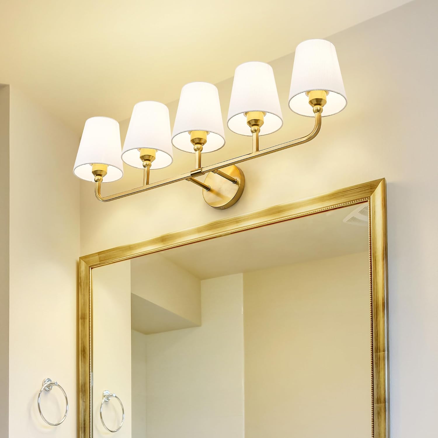 Bathroom Light Fixtures, 5 Light Brushed Gold Vanity Lights with Flared White Fabric Shade, 35 Inch Wall Sconce, Modern Sconces Wall Lighting for Hallway Bedroom, VL837-BG-5