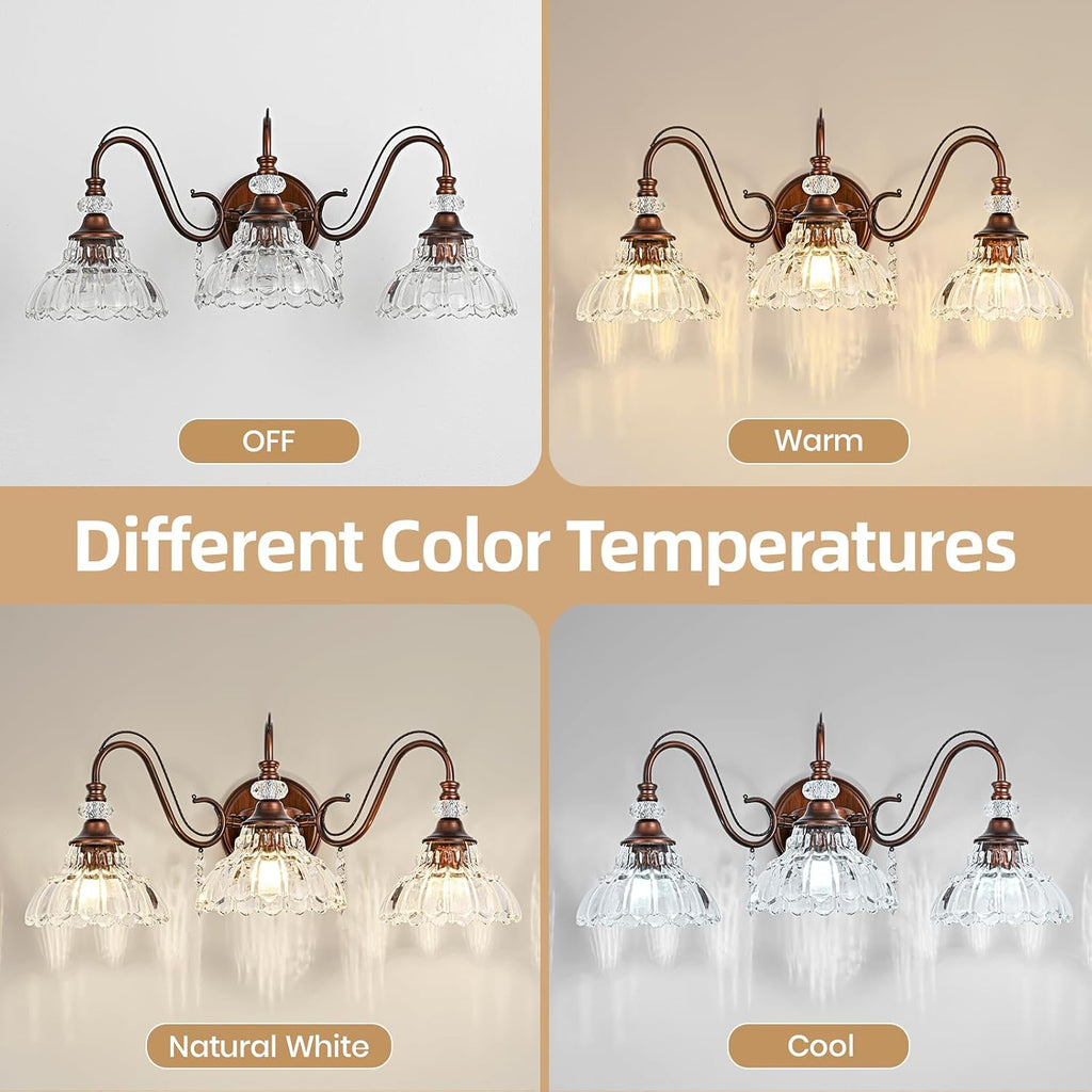 Vintage Bathroom Vanity Light, 3-Light Matte Antique Red Bronze Finish Wall Sconce with Hanging Crystal Accent and Flower-Shaped Clear Glass Shades, Retro Wall Mount Vanity Light Over Mirror