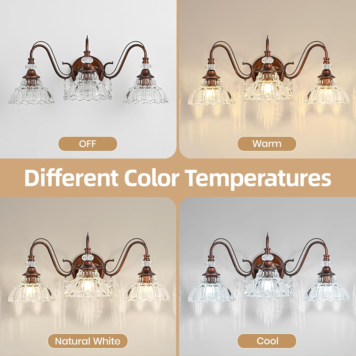 Vintage Bathroom Vanity Light, 3-Light Matte Antique Red Bronze Finish Wall Sconce with Hanging Crystal Accent and Flower-Shaped Clear Glass Shades, Retro Wall Mount Vanity Light Over Mirror