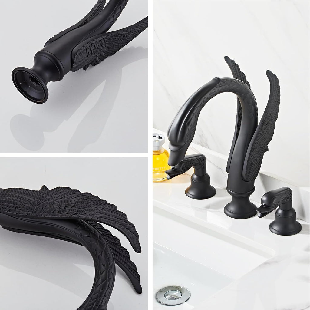 Golden Black Ornate Swan Style Bathroom Sink Faucet Combo Deck Mount Sink Mixer Tap Set Hot Cold Water