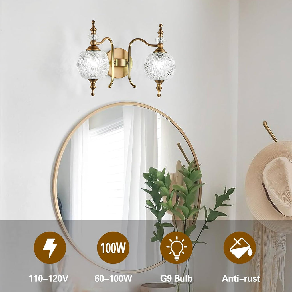 2-Light Vintage Crystal Bathroom Wall Sconces, Matte Brushed Antique Brass Finish Retro Wall Sconce Light with Crystal Glass Shade for Bathroom