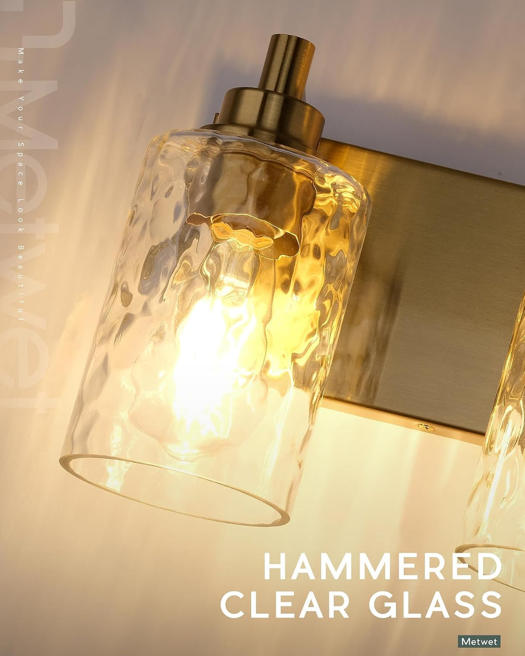 4-Light Bathroom Light Fixtures, 24.5 Inch Brushed Gold Vanity Lights with Clear Hammered Glass Cylinder Shade, Modern Vanity Lighting Fixture Over Mirror, VL198-BG-4