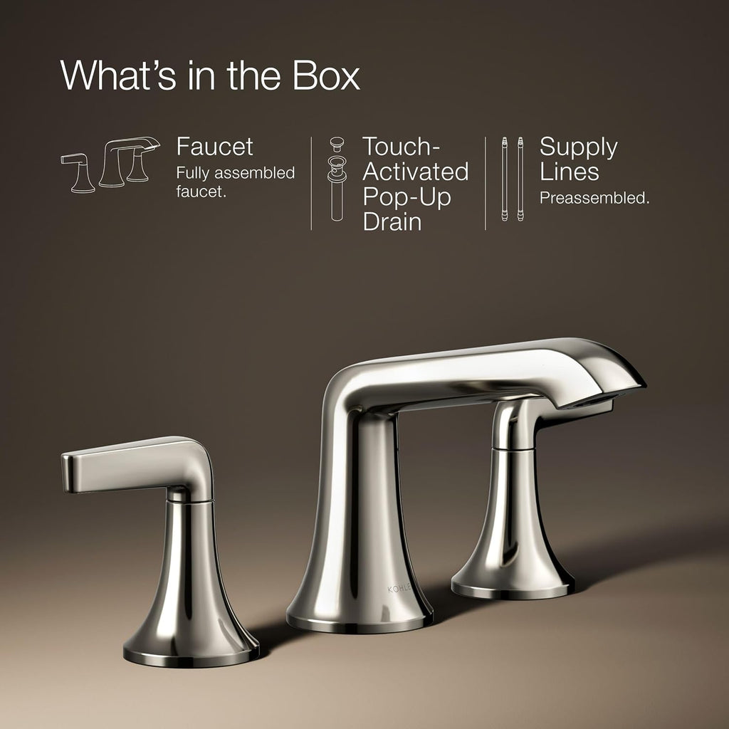 Kohler K-22020-4-SN Kohler K-22020-4 Tempered 1.2 GPM Widespread Bathroom Faucet with UltraGlide and Pop-Up Drain Assembly