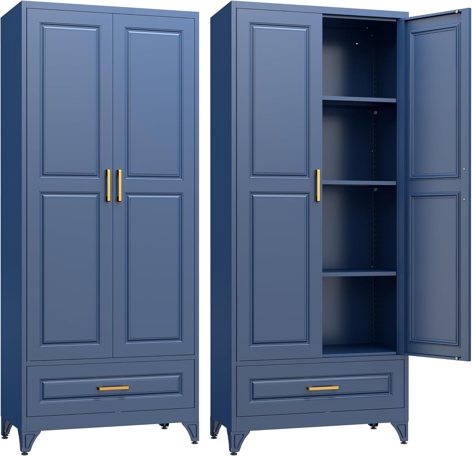 SteeLoong 75' Kitchen Pantry Cabinet with Drawer, Metal Storage Cabinets with Doors and 4 Adjustable Shelves,Blue Kitchen Cabinet with 2 Gold Handles,Food Cupboard for Livingroom,Pantry, Bathroom