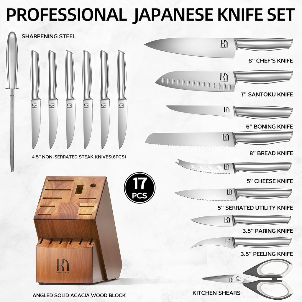 KnifeSaga Kitchen Knife Set with Block 17 Pcs, Knife Block Set, Japanese High Carbon Stainless Steel Knives Set for Kitchen with Sharpener, Razor Sharp Premium Block Knife Sets