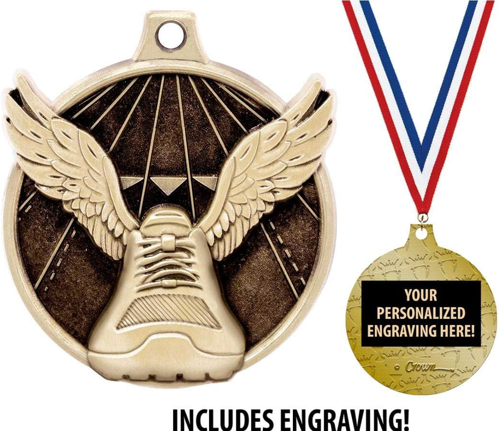 Running Medals - 1 1/2' Gold Winged Foot Medals, Great Kids Racing Awards with Custom Engraving