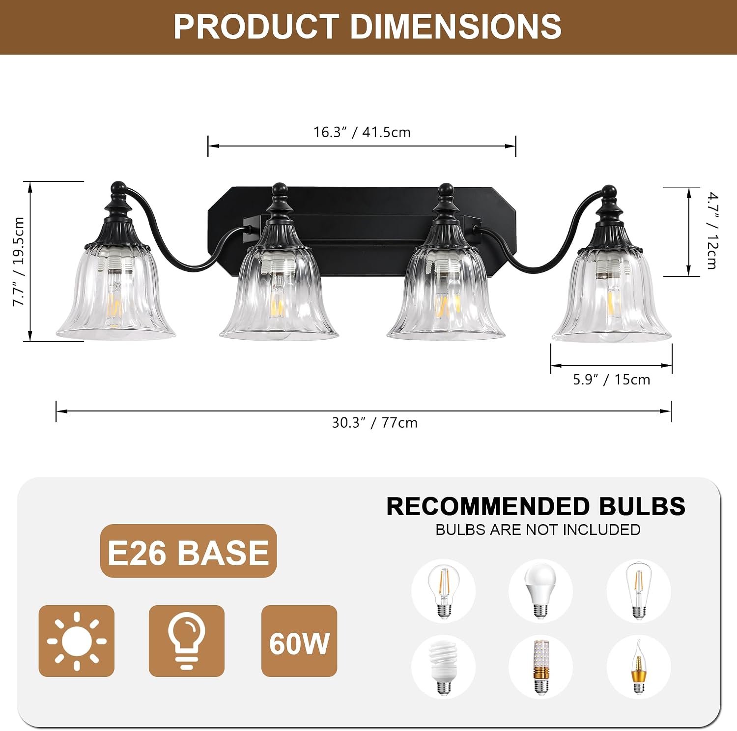 Black Vintage Bathroom Vanity Light Fixture, 4-Light Vanity Light for Bathroom, Antique Matte Black Finish with Crystal Glass Shade, Lighting Fixtures Over Mirror for Bedroom Living Room