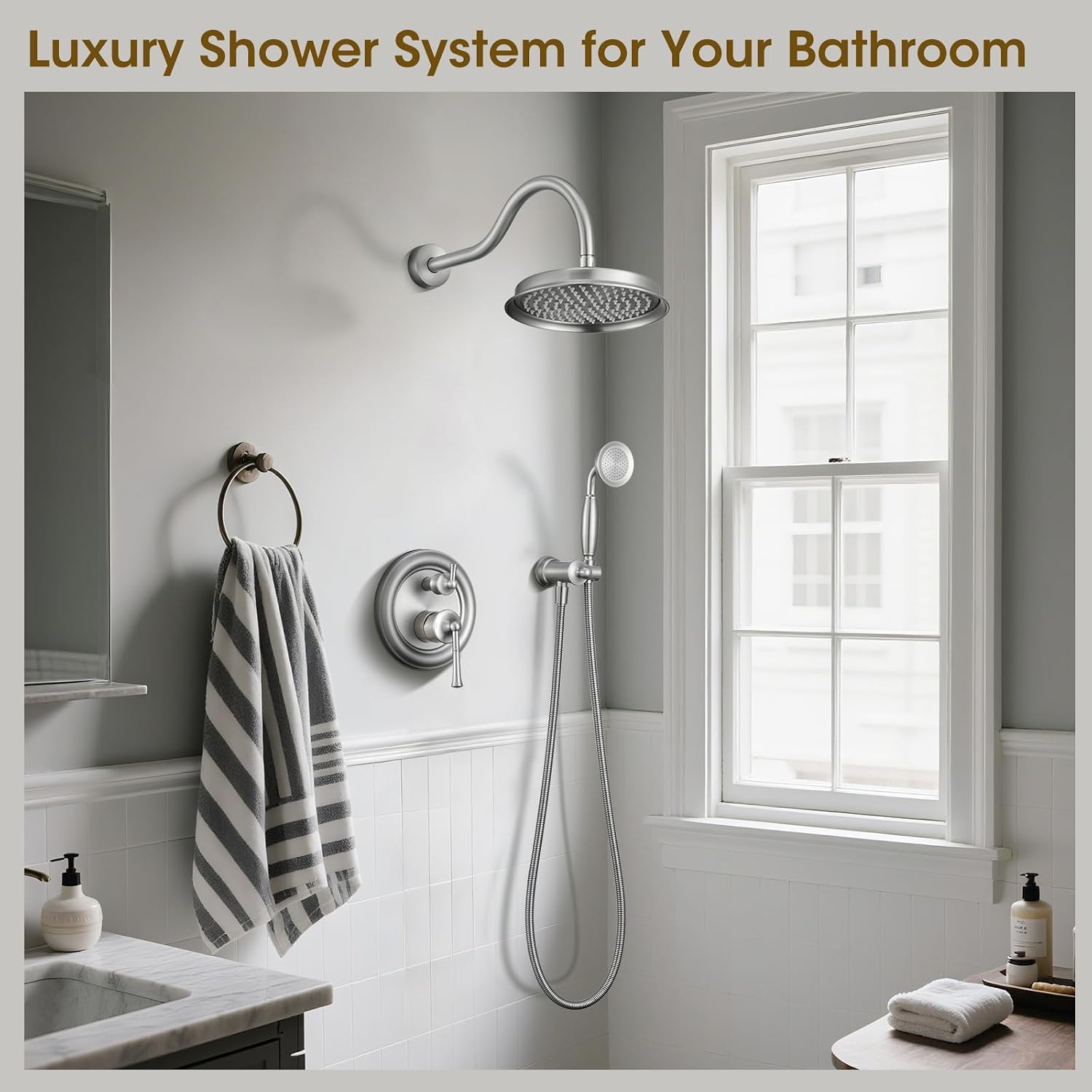 Rain Shower Head with Handheld Spray, Rainfall Shower System with Rough-in Valve, Shower Faucet Set with Pressure Balance Valve, 9 Inch Luxury Shower Trim Kit Wall Mount, Brushed Nickel
